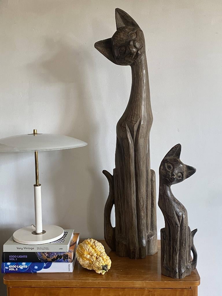 Vintage handgesneden houten kattenbeelden Bali xxl set/2, Verzamelen, Ophalen of Verzenden, Gebruikt, Dier