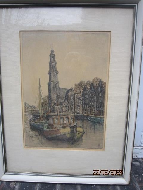 Amsterdam, Westertoren, Mooie ets van Marius Janssen, Ophalen of Verzenden