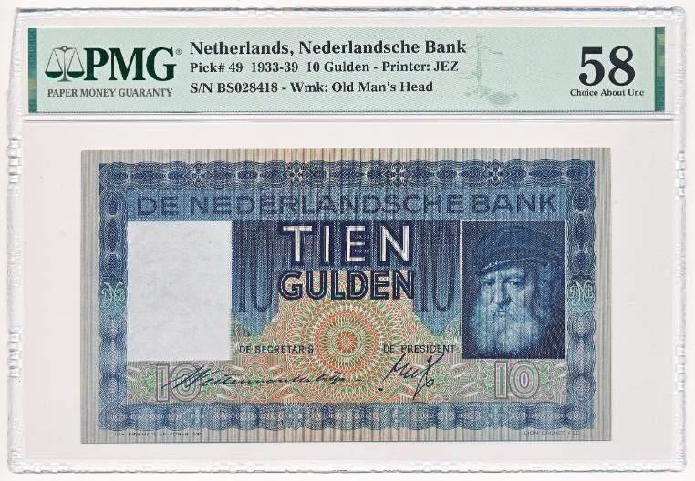 Nederland 10 Gulden Grijsaard 1933 PMG58 Aunc., Ophalen of Verzenden, 10 gulden, Los biljet