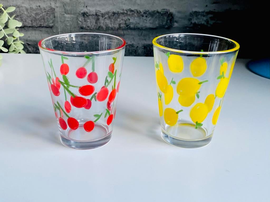 Set van 2 vintage glazen met fruit - Citroen & Kers, Verzamelen, Ophalen of Verzenden, Zo goed als nieuw, Overige typen
