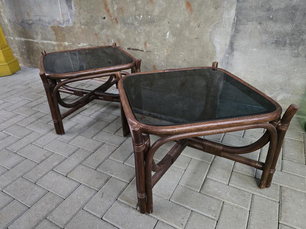 1 Bamboe Jaren 70 Design Salontafel Mid Century Koffie Tafel, Gebruikt, 50 tot 100 cm, Vierkant, Glas