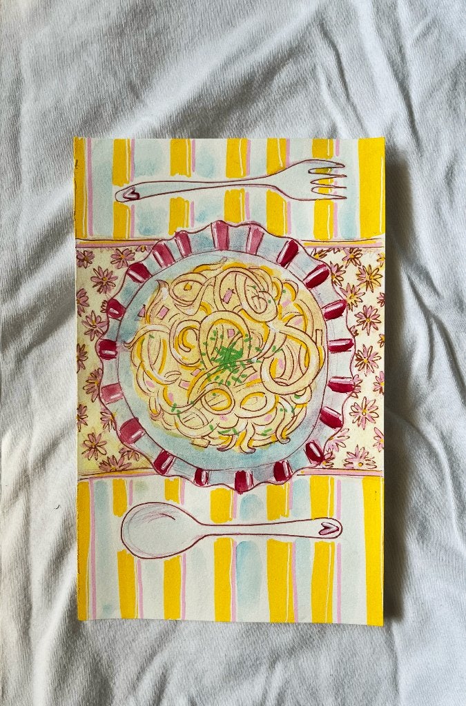 originele illustratie kunstwerk  "Pasta Carbonara", 2025, Antiek en Kunst, Ophalen of Verzenden, Tekening, Gemengde techniek, Handgemaakt