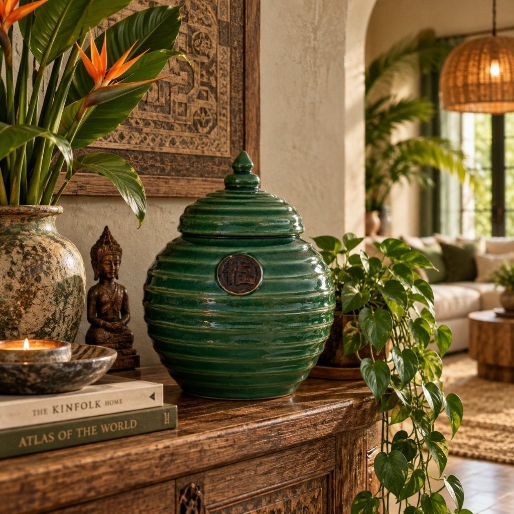 Grote groene Aziatische keramieken pot met deksel, Antiek en Kunst, Ophalen of Verzenden