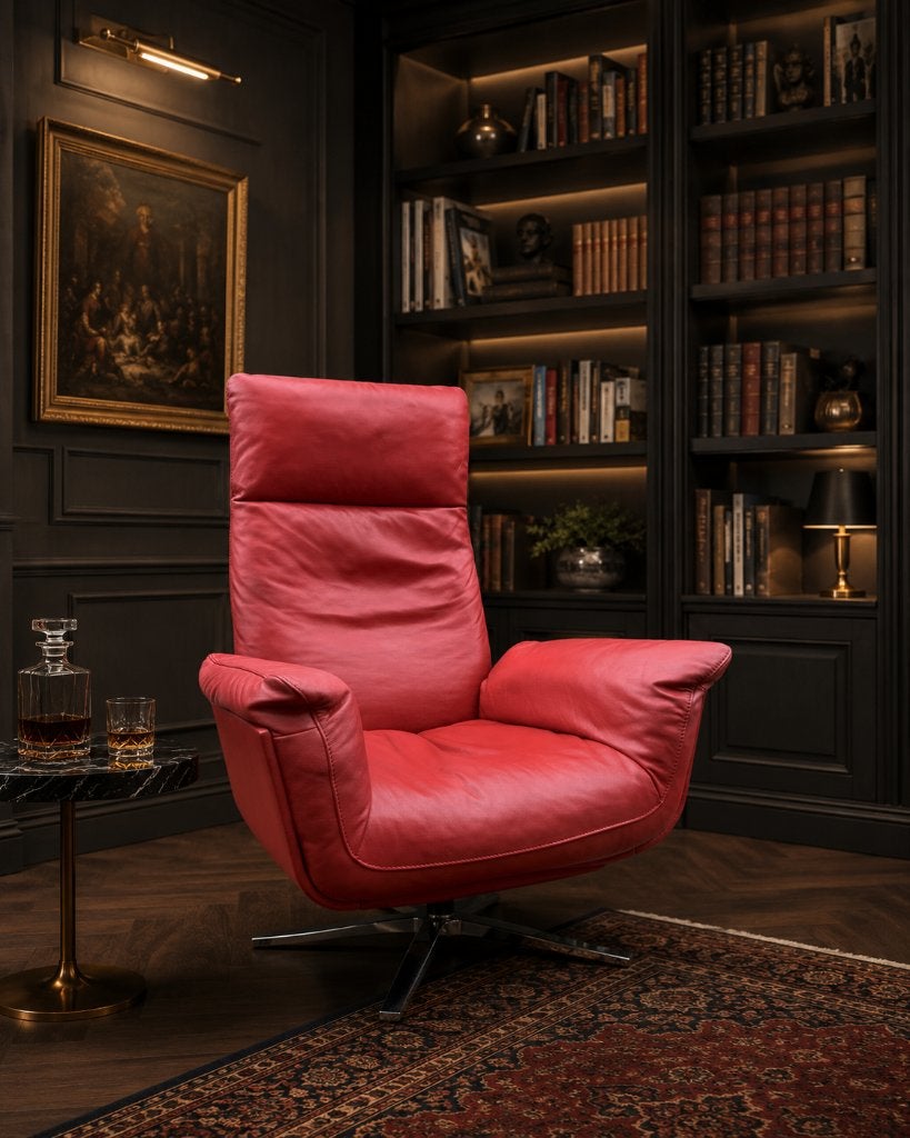 FSM Shelbey Lounge Fauteuil, draaistoel, leer voetensteun, Ophalen, Leer, Loungen Mancave Relaxen comfortabel, 75 tot 100 cm