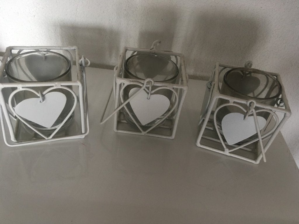 3 waxinelichtjes houders staal wit met hartjes, Gebruikt, Wit, Ophalen of Verzenden, Metaal