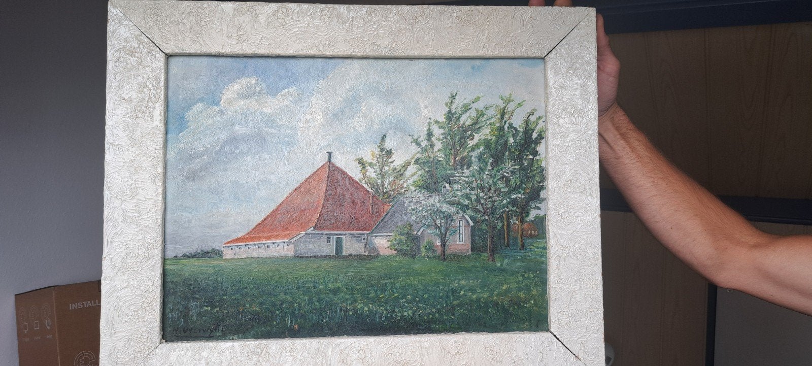 Olieverf Schilderij: Boerderij met Landschap - Gesigneerd, Ophalen, Doek, Realistisch, Landschap
