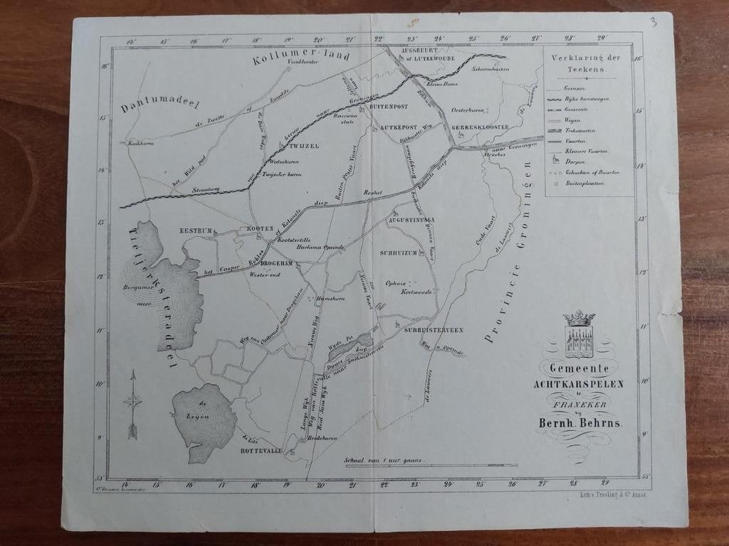 5 / gemeente Achtkarspelen Friesland Litho Behrns uit 1861, Ophalen of Verzenden
