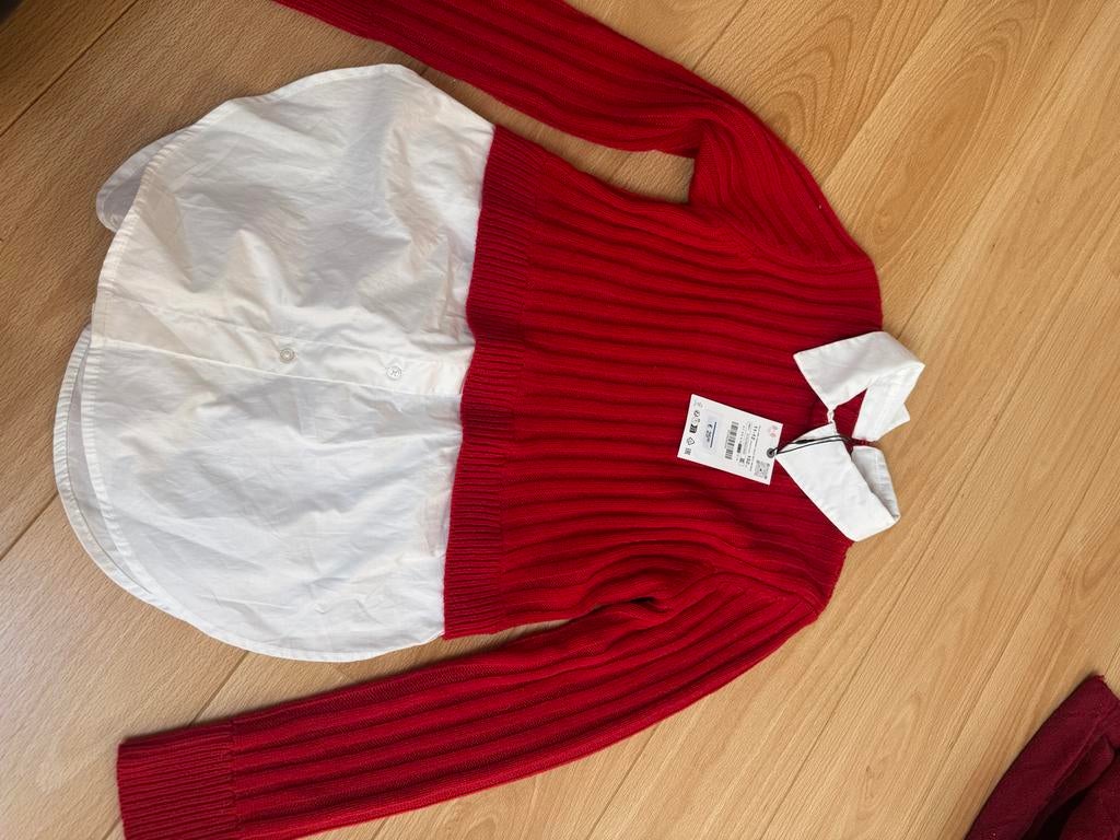 Zara Rode Gebreide Trui met Witte Blouse Look - Maat 152, Kleding | Dames, Truien en Vesten, Nieuw, Maat 34 (XS) of kleiner, Rood