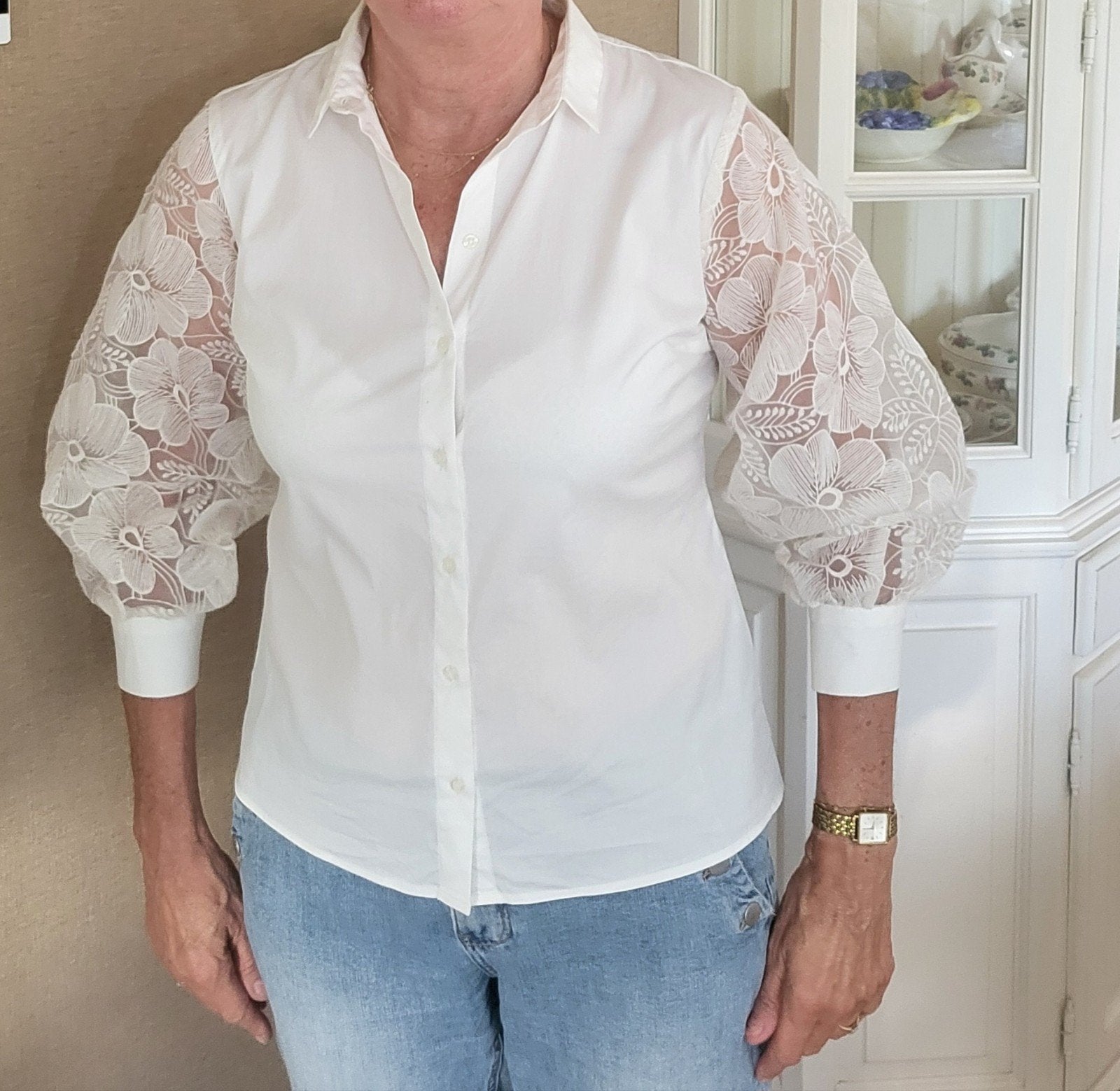 Witte blouse van Purdey met mooie mouwen, Ophalen of Verzenden, Zo goed als nieuw, Maat 38/40 (M), Wit
