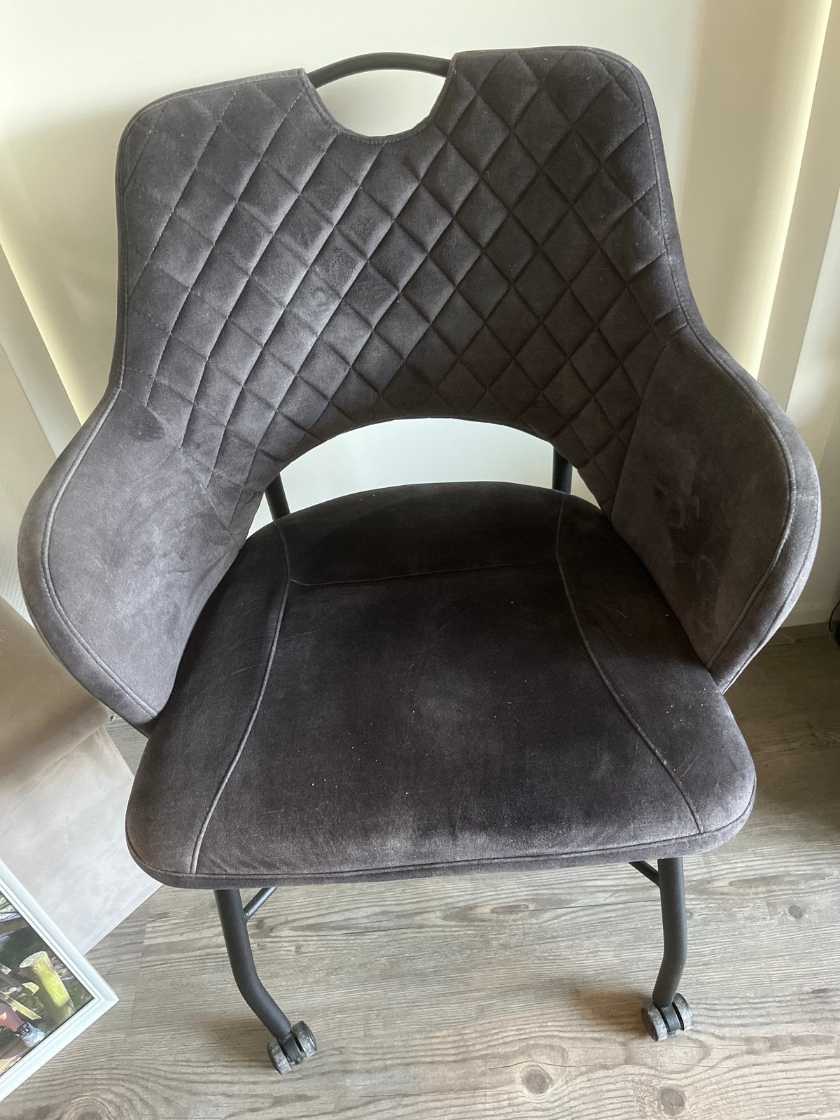 Comfortabele eetkamerstoel met wieltjes - Grijs/Blauw, Ophalen, Gebruikt, Eén, Stof