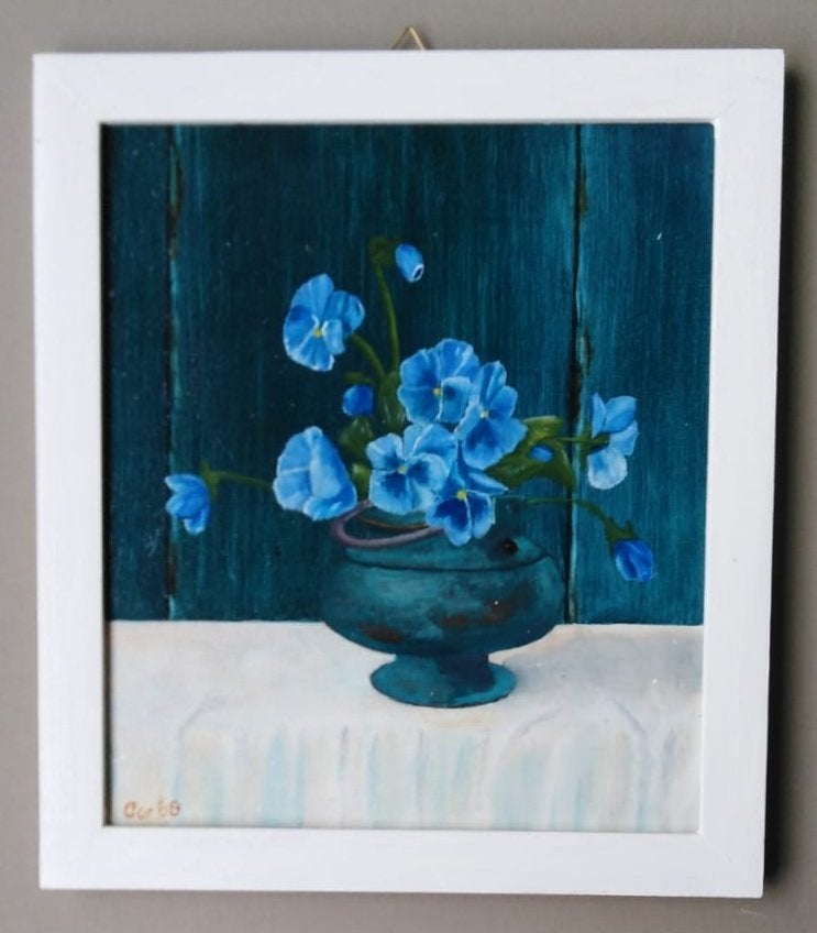 Blauwe viooltjes, Ophalen of Verzenden, Overige materialen, Olieverf, Bloemen