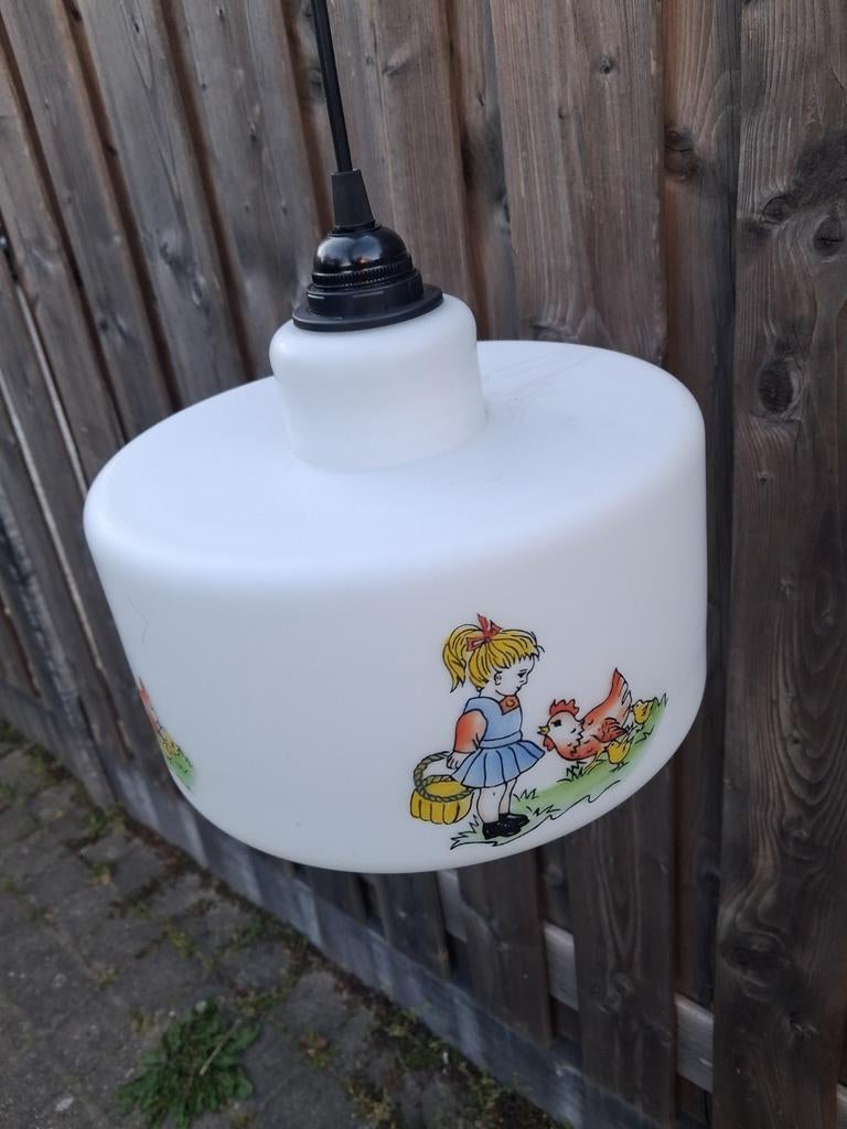 Vintage kinderlamp met boerderijtafereel, Vintage, Kinderkamer, Boerderij, Gebruikt, Ophalen of Verzenden, Glas