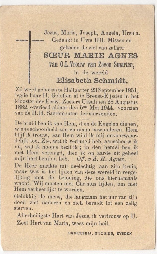 zr. Elisabeth Schmidt 1854 Hallgarten + 1944 Eijsden, 89 jr, Verzenden