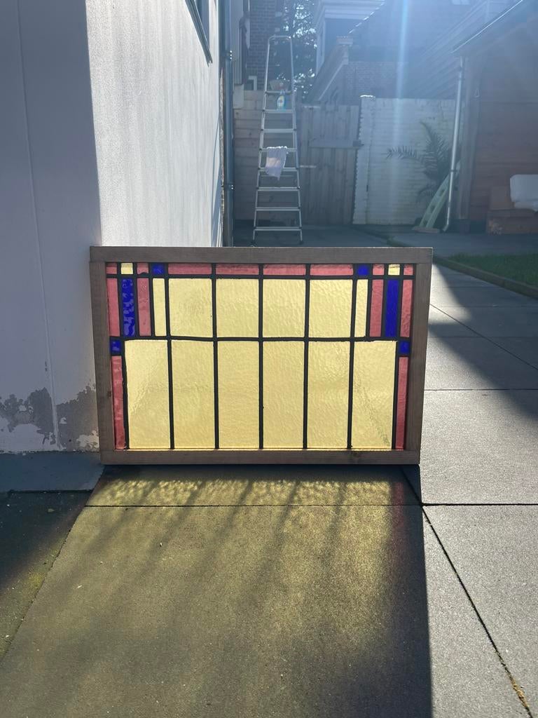 Glas in lood "Amsterdamse school" set van 2, Ophalen, Gebruikt, Minder dan 80 cm, Glas in lood