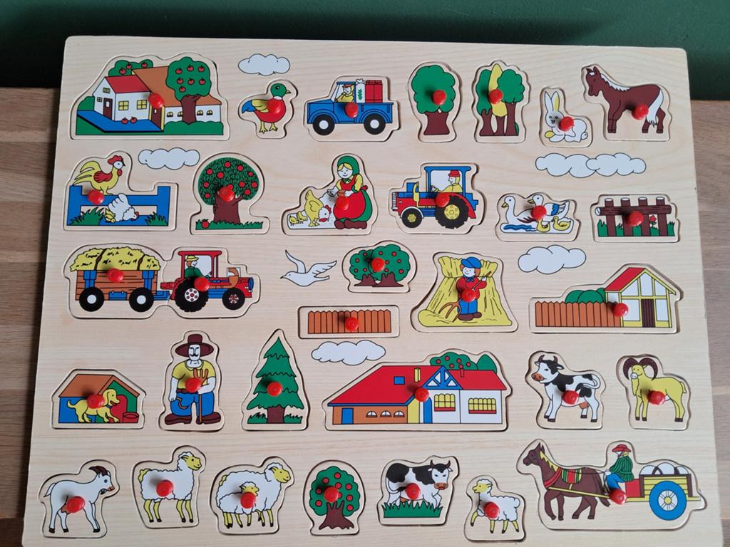 De Groene Merel houten puzzel noppen XL 32 stukjes boerderij, Ophalen, 10 tot 50 stukjes