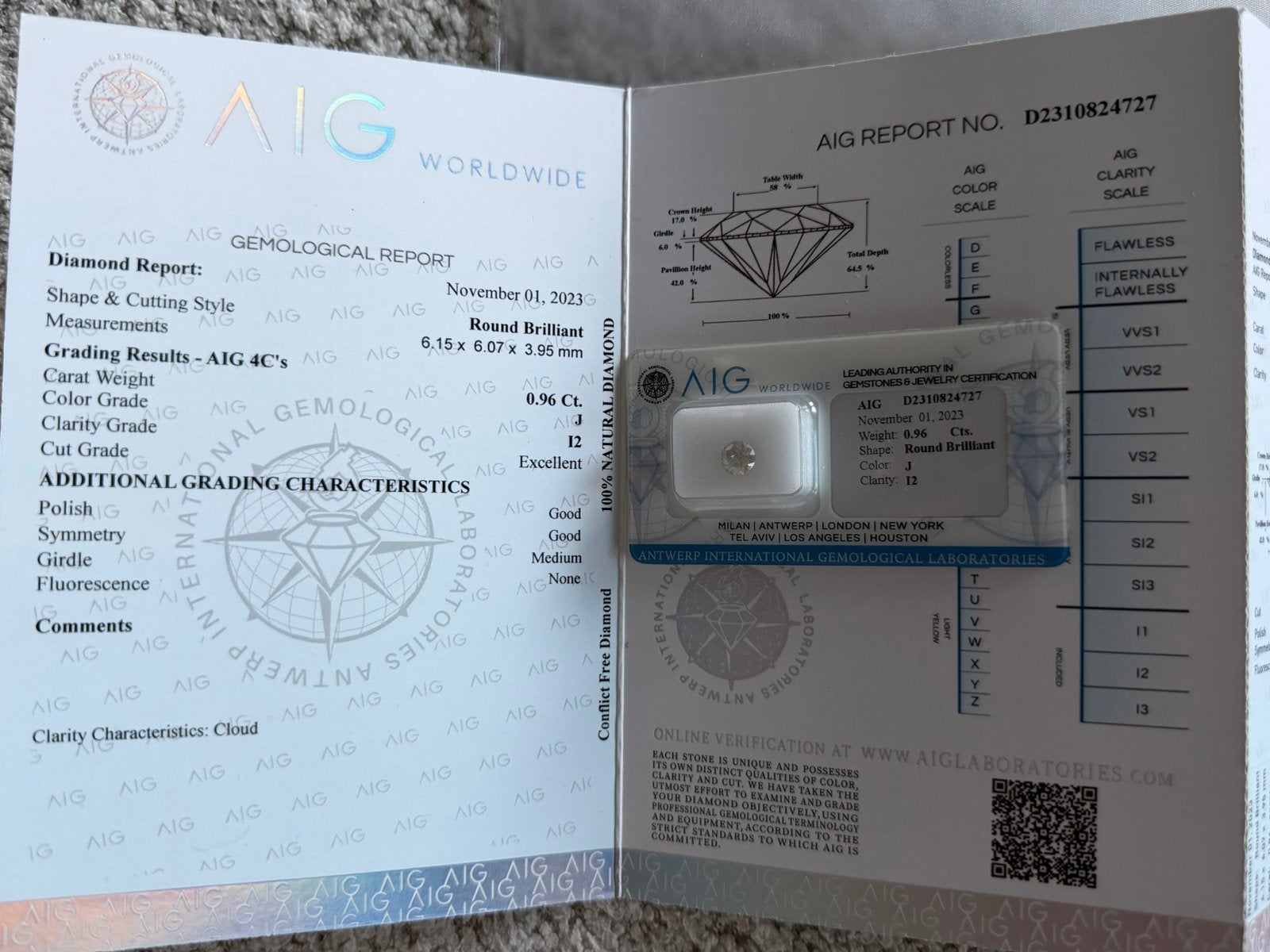 Natuurlijke diamant 0,96 ct AIG gecertificeerd, Ophalen, Nieuw