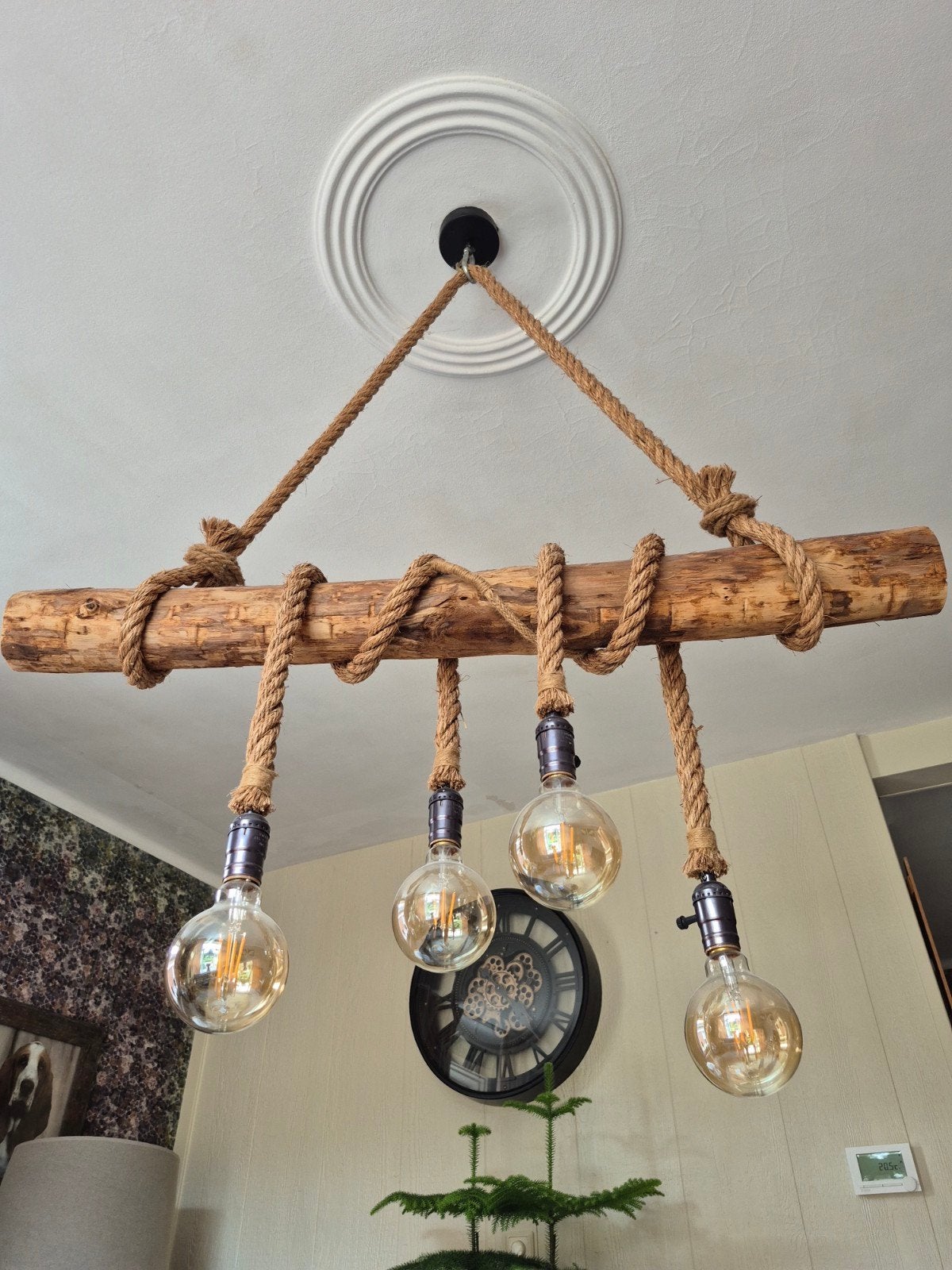 Boomstam touwlamp, Huis en Inrichting, Lampen | Kroonluchters, Ophalen, Zo goed als nieuw, Hout