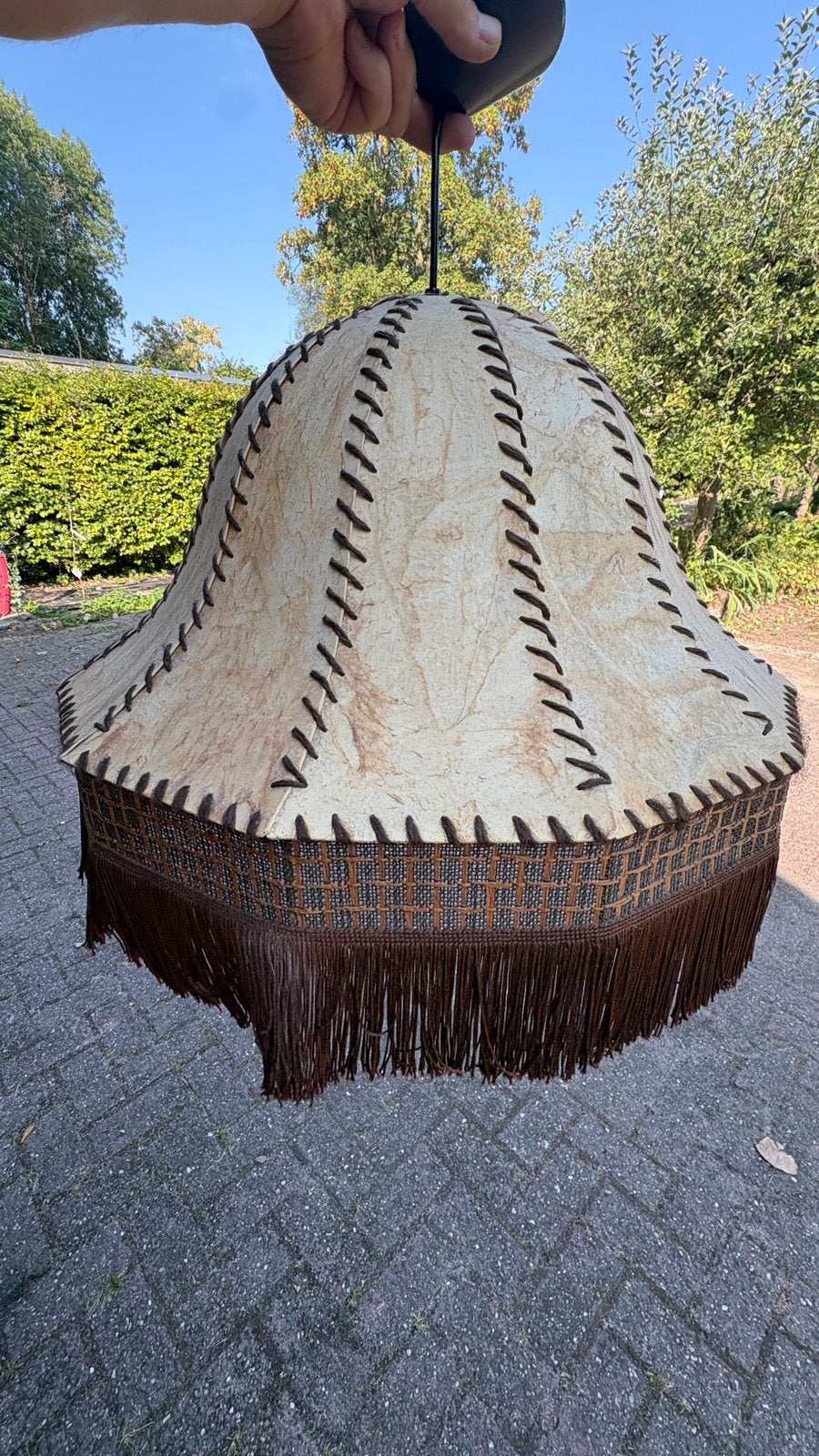 Vintage lampenkap met franjes, Gebruikt, Beige, Textiel, Overige vormen