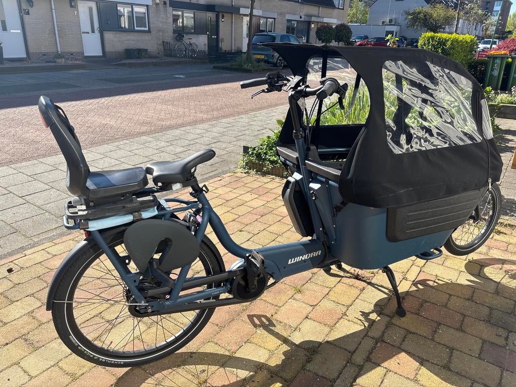 Winora Bakfiets met Huif en Kinderzitje - Elektrisch, Elektrisch, Zo goed als nieuw, 2 kinderen, Schijfrem