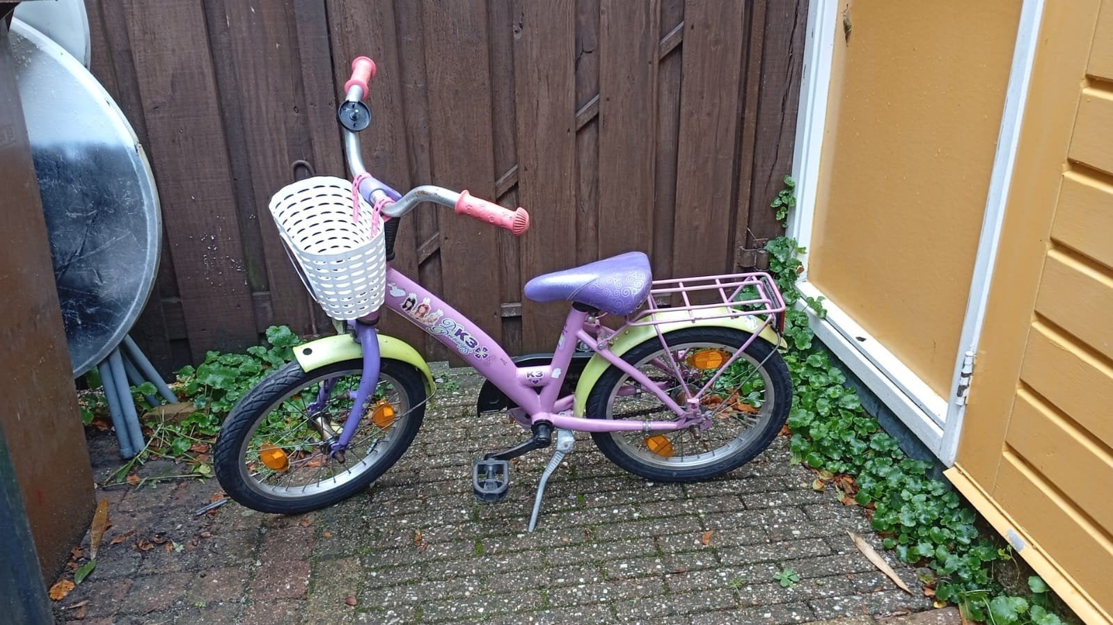 K3 Kinderfiets 16 inch - Paars/Roze met Mandje, Ophalen, Velgrem, K3, 16 tot 20 inch