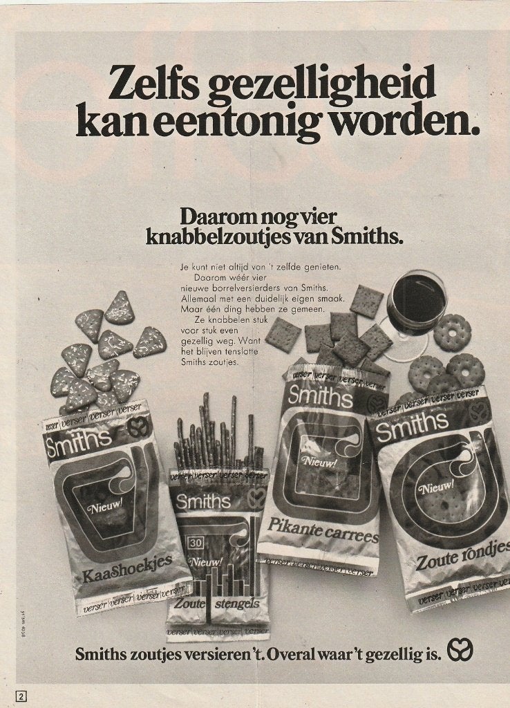 Retro reclame 1971 Smiths chips vier knabbelzoutjes, Verzamelen, Verzenden, Overige typen