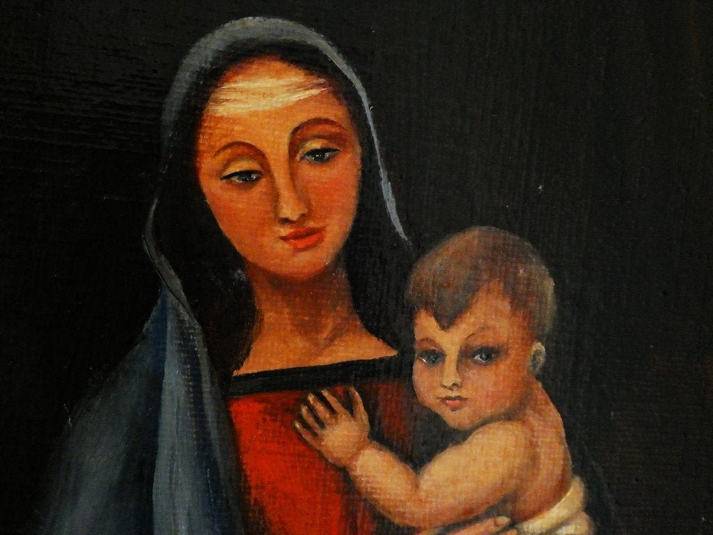 Icoon van Maria met kindje Jezus, handgeschilderd gesign., Ophalen of Verzenden