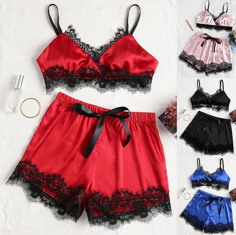 Satijnen lingerie pakje sexy babydoll BH dames vrouwen setje, Verzenden, Overige kleuren, Setje