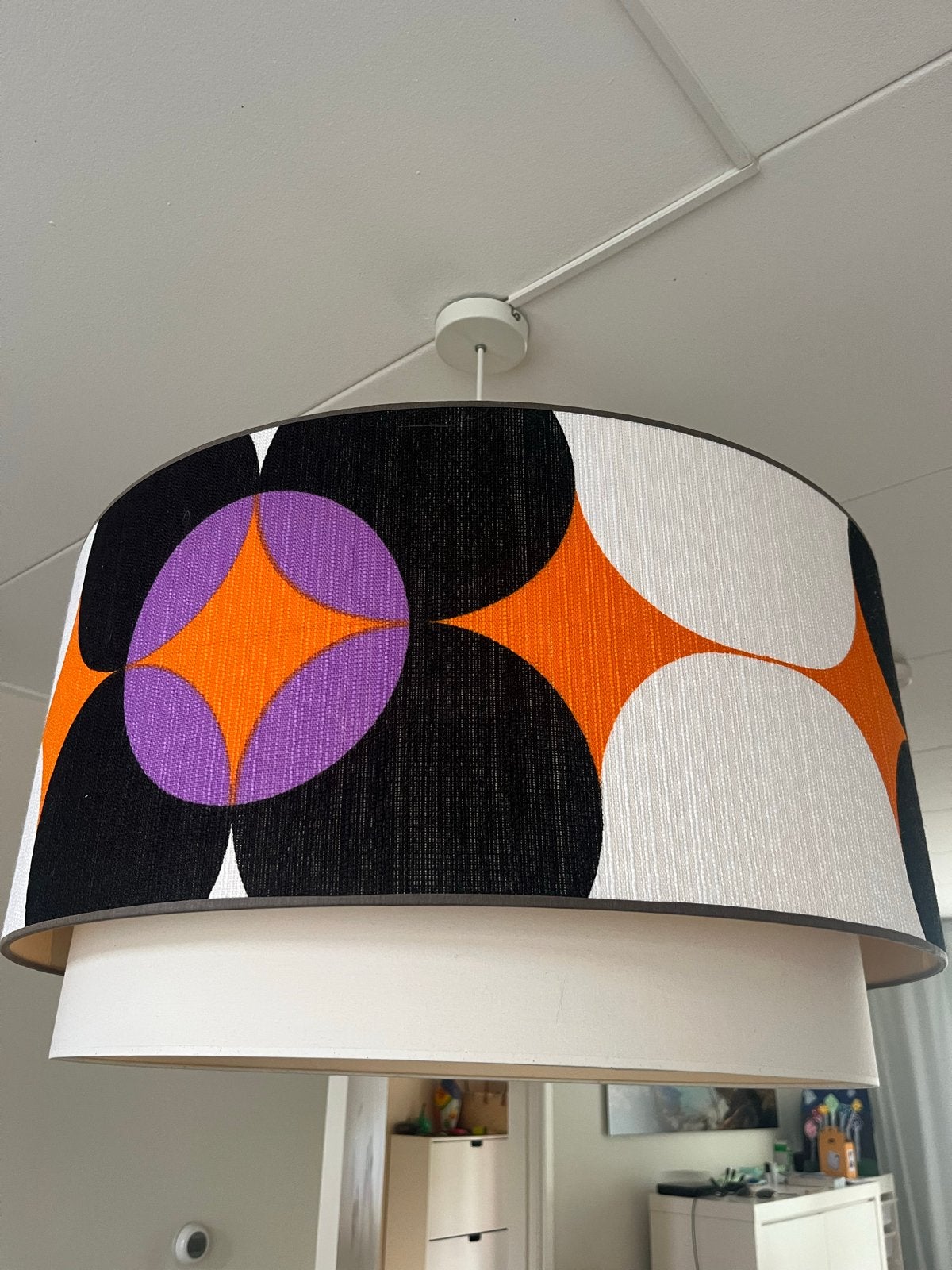 Hanglamp met retro print - Oranje, paars, zwart, wit, Ophalen, Gebruikt, Textiel, E27 (groot)