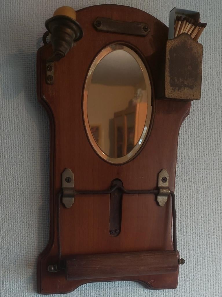 Vintage toiletrolhouder met spiegel en luciferhouder, Ophalen of Verzenden