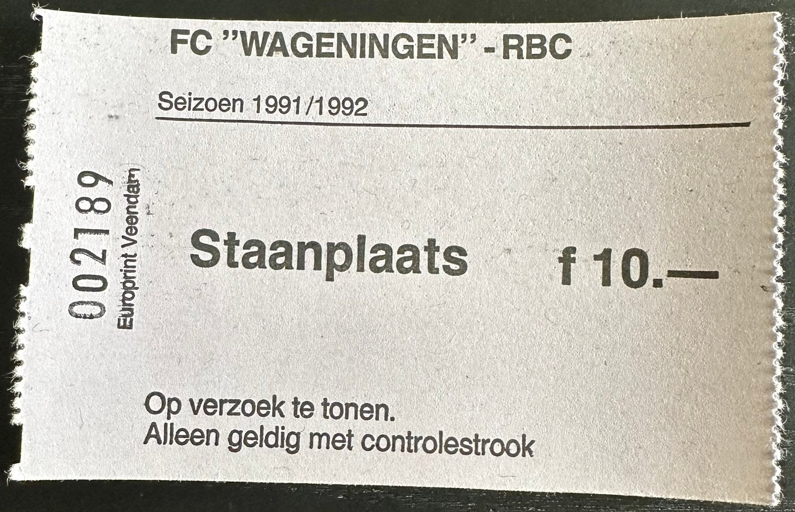 Ticket 91-92 FC Wageningen - RBC, Verzamelen, Ophalen of Verzenden, Gebruikt, Overige binnenlandse clubs, Overige typen