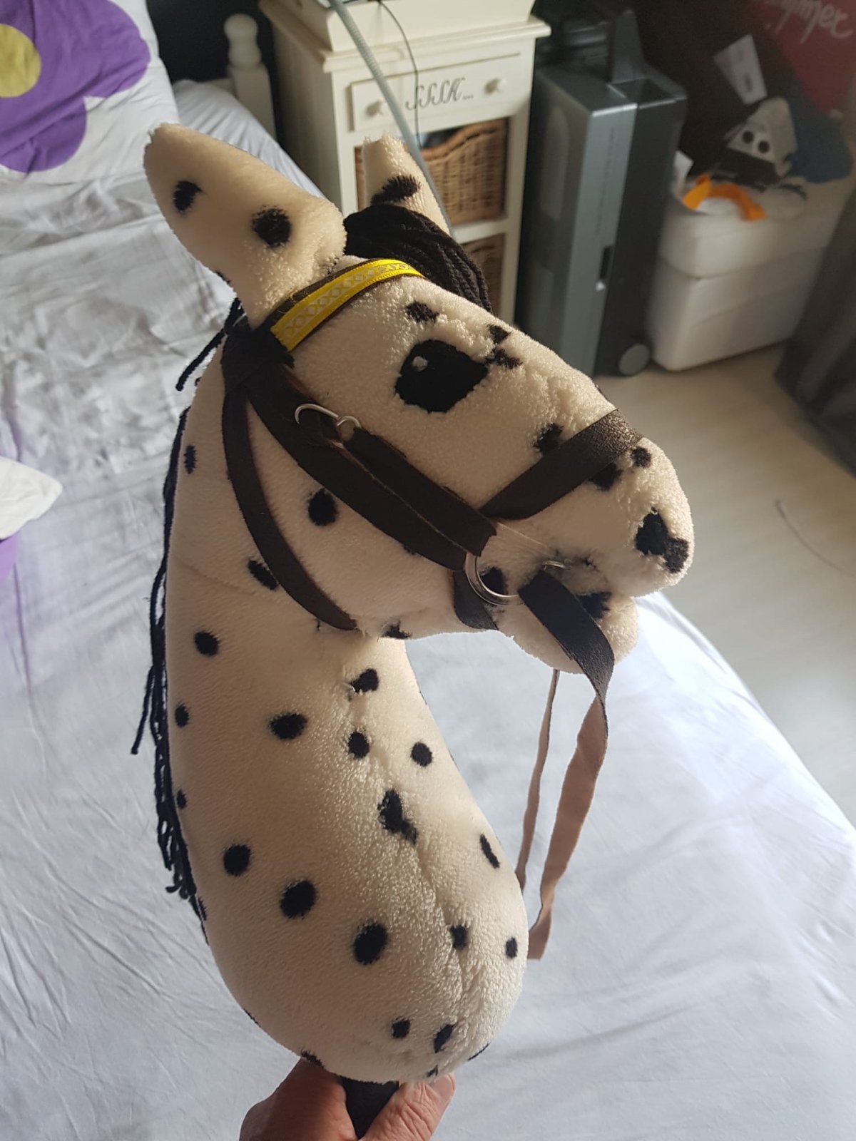 Houten stokpaard met vlekken en hoofdstel, Ophalen of Verzenden, Gebruikt, Jongen of Meisje