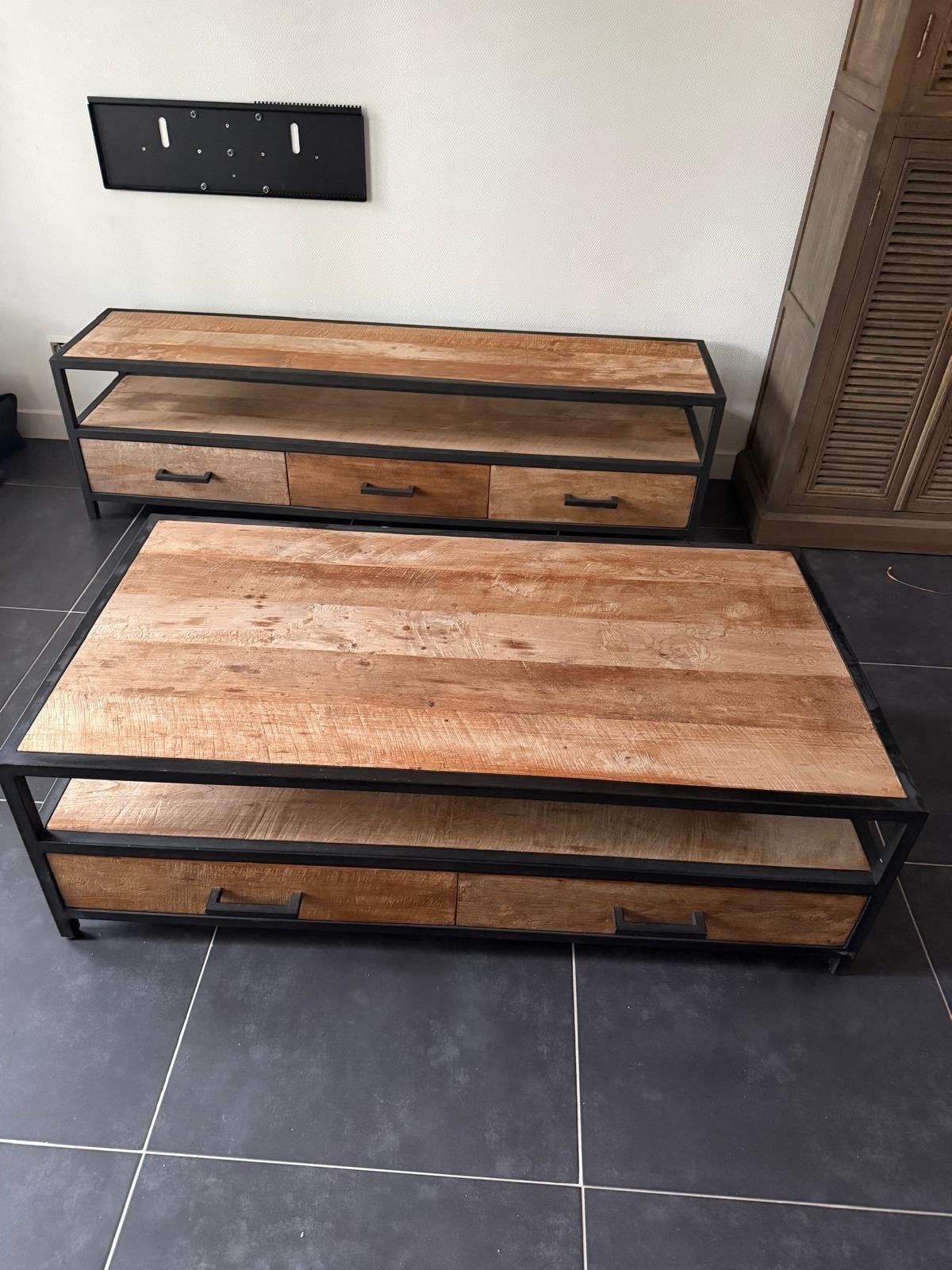 Salontafel van mangohout en metaal, Ophalen, Gebruikt, 100 tot 150 cm, Minder dan 100 cm