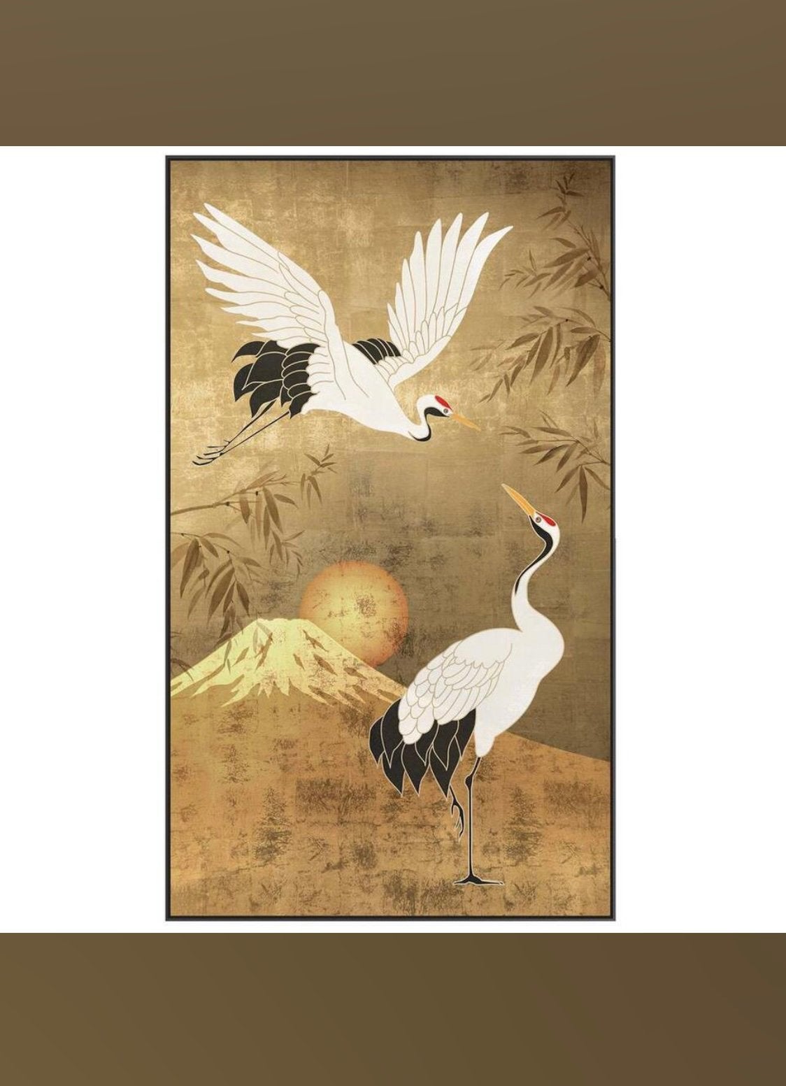 Japanse Kraanvogels en Fuji - Canvas Schilderij, Antiek en Kunst, Ophalen, Dieren, Print, Op houten frame