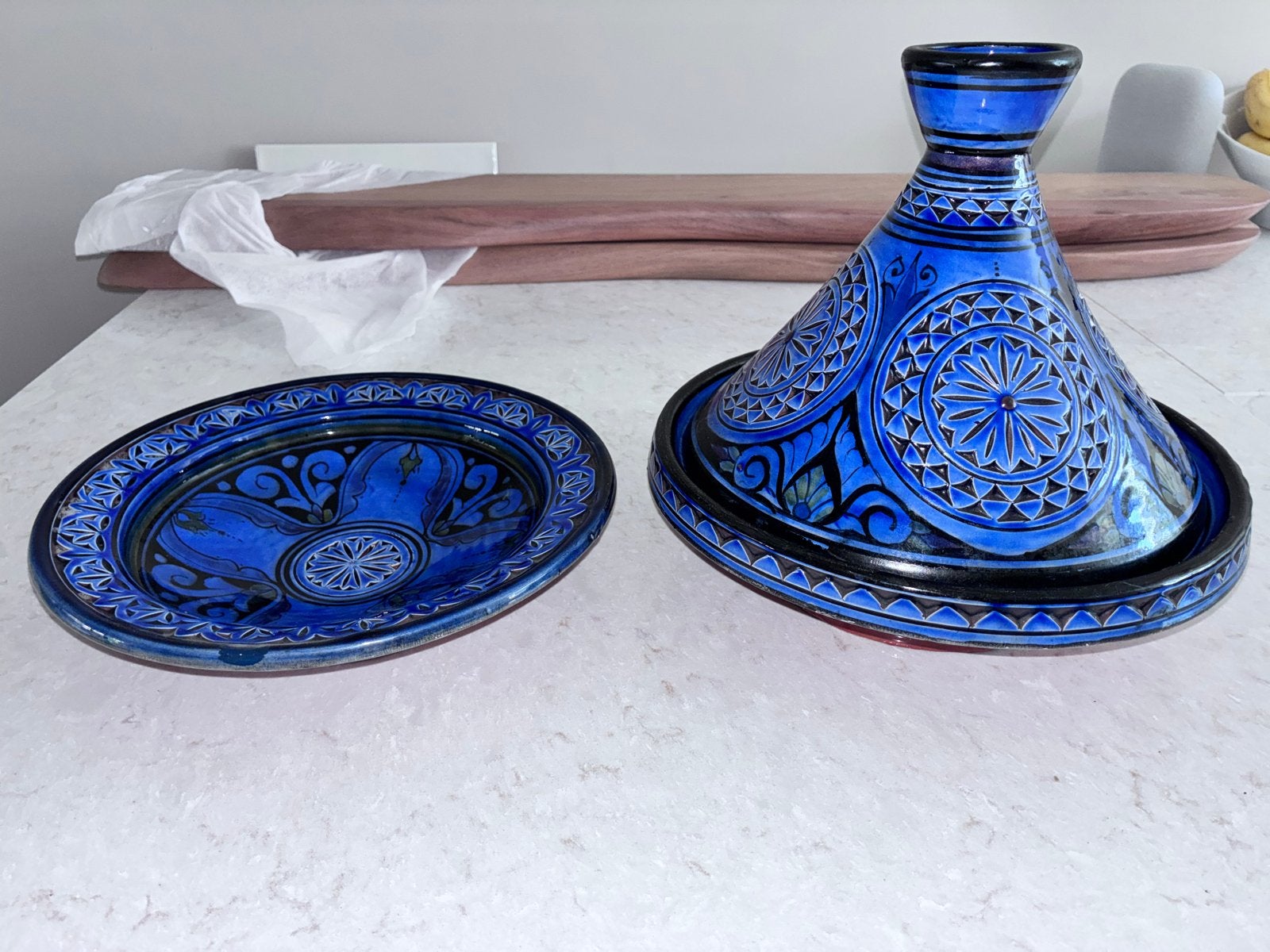 Prachtige Marokkaanse Tajine en schaal - Blauw, Ophalen of Verzenden