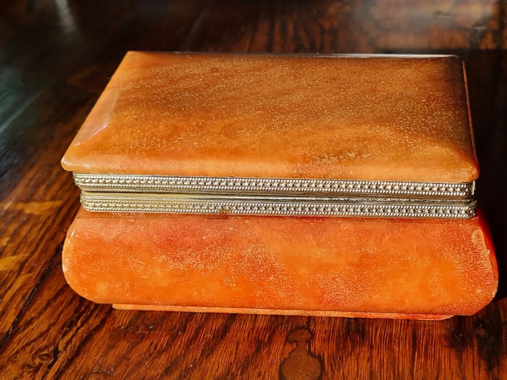 Vintage amberkleurig albasten kistje voor sieraden oid, Antiek en Kunst, Ophalen