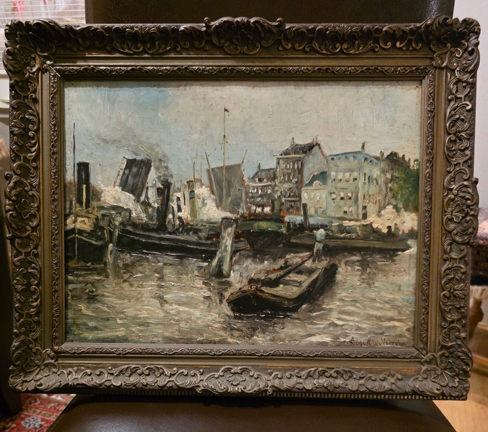 August W. van Voorden (1881-1921) - Rotterdams havengezicht, Ophalen, Paneel, Impressionistisch, Stads- / dorpsgezicht