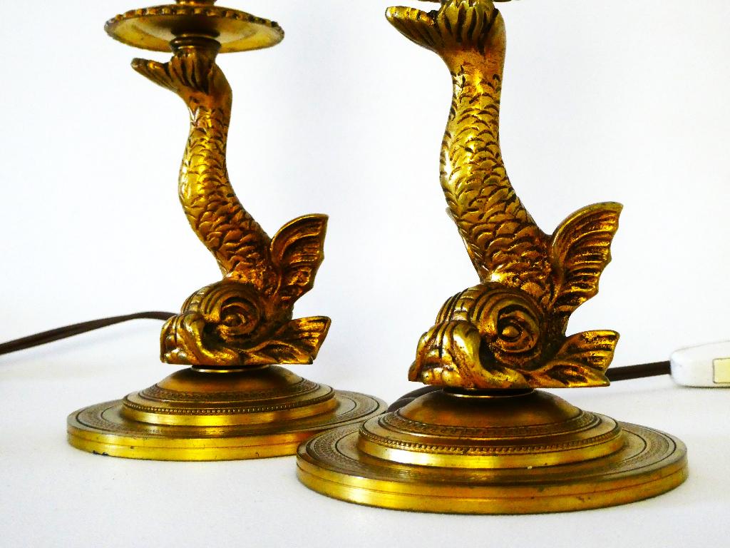 Set van 2 bronzen tafellampen schemerlamp met vis koi karper, Ophalen of Verzenden