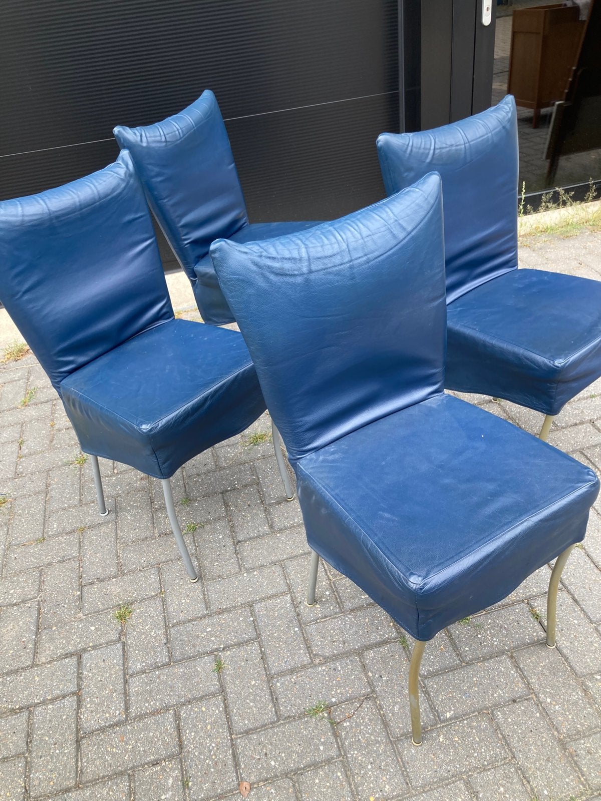 Montis spica blauw leder eetkamerstoel, Huis en Inrichting, Stoelen, Ophalen of Verzenden, Zo goed als nieuw, Blauw, Leer