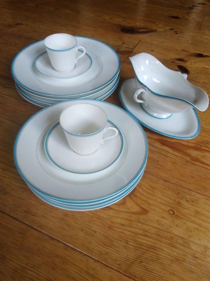 Servies, Bruxelles Vermeren-Coché, blauwe rand, gouden bies, Ophalen of Verzenden