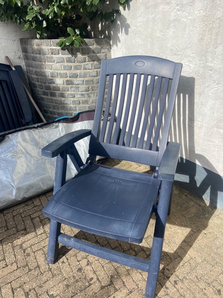 Donkerblauwe kunststof tuinstoelen (3) verstelbaar (Hartman), Tuin en Terras, Tuinstoelen, Ophalen, Gebruikt, Kunststof, Verstelbaar