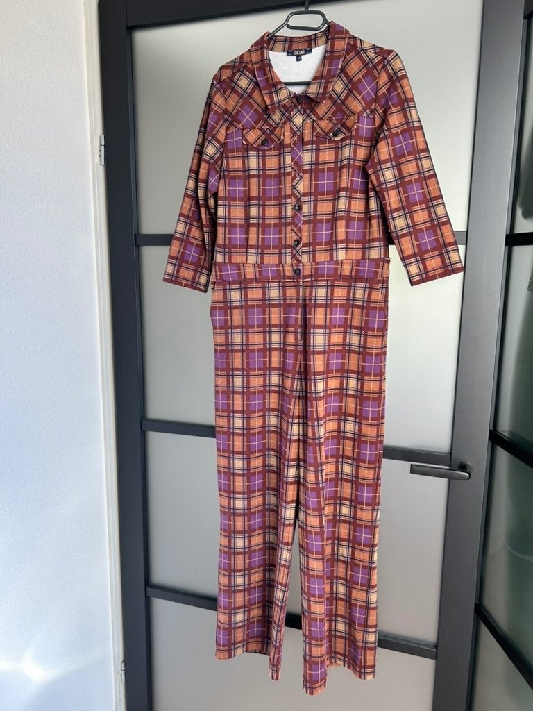 King Louie maat 44 geruite jumpsuit pak 2385, Paars, Maat 42/44 (L), Ophalen of Verzenden, Zo goed als nieuw