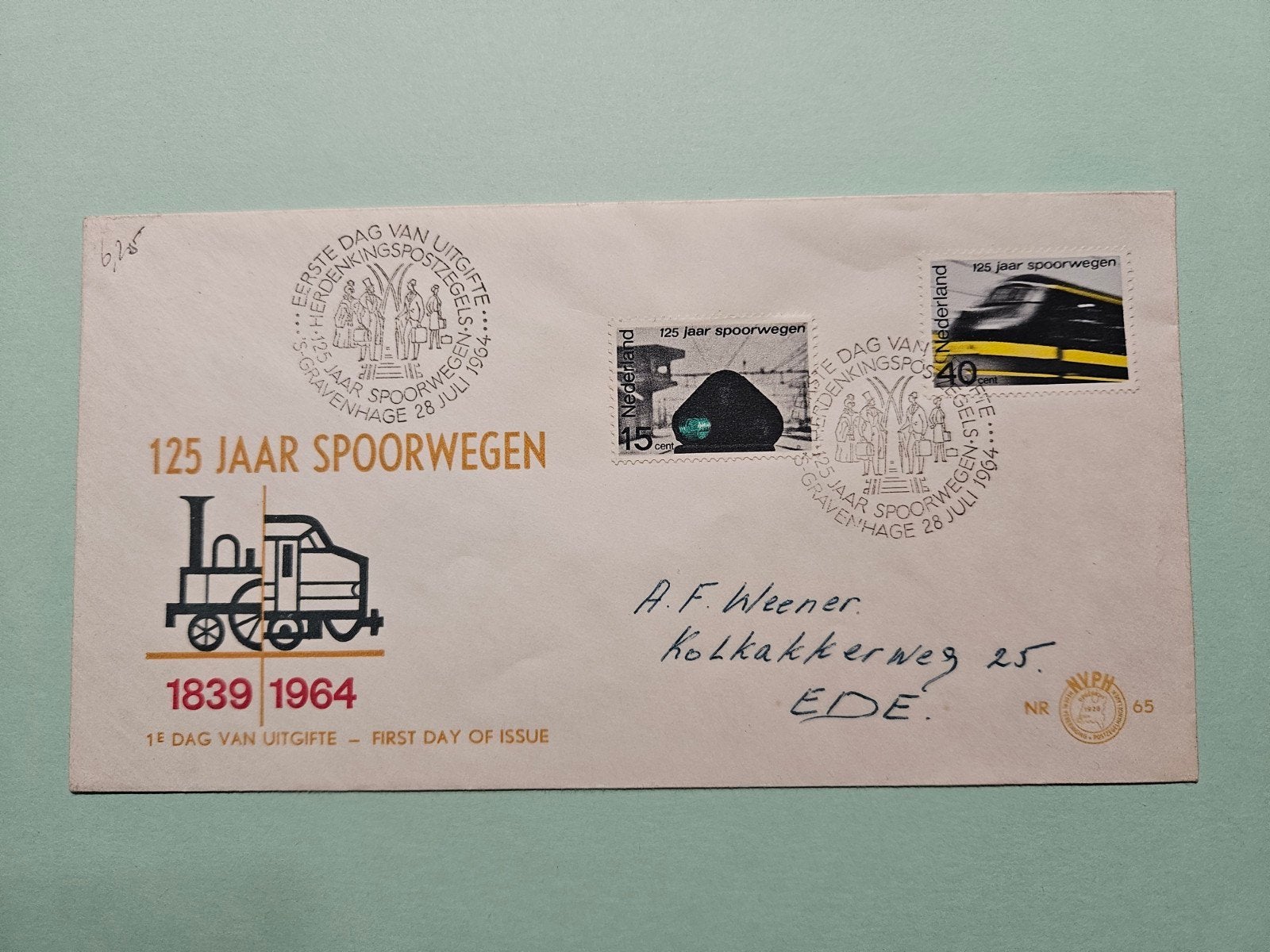 36) 125 Spoorwegen 1964, Postzegels en Munten, Postzegels | Eerstedagenveloppen, Ophalen of Verzenden, Beschreven, Nederland