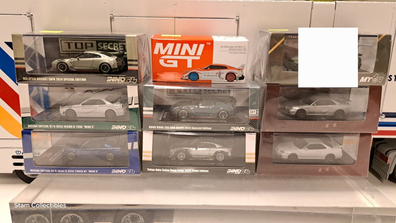 8x Mini GT, Inno64, Motorhelix Nissan Skyline R34 en R35, Auto, Nieuw, Ophalen of Verzenden
