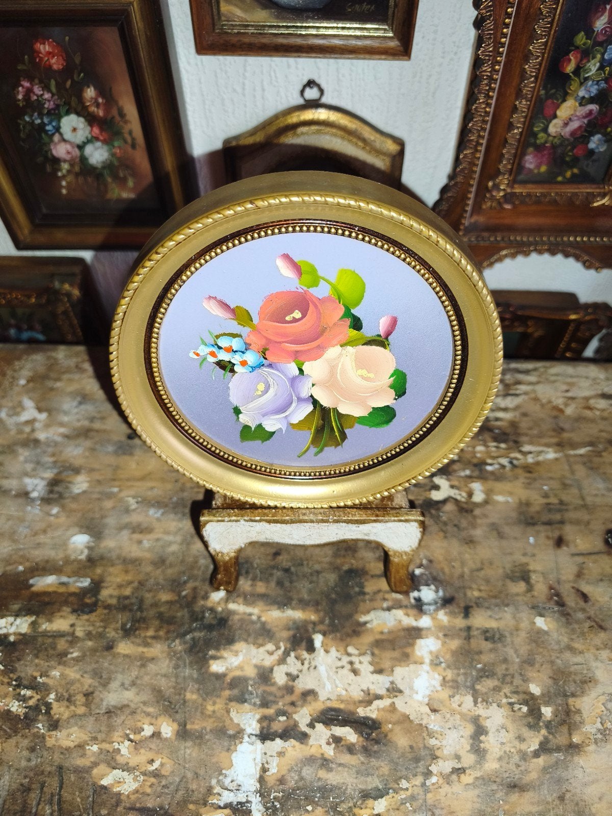 oud schilderijtje schilderij lijst stilleven bloemen Y88, Ophalen of Verzenden