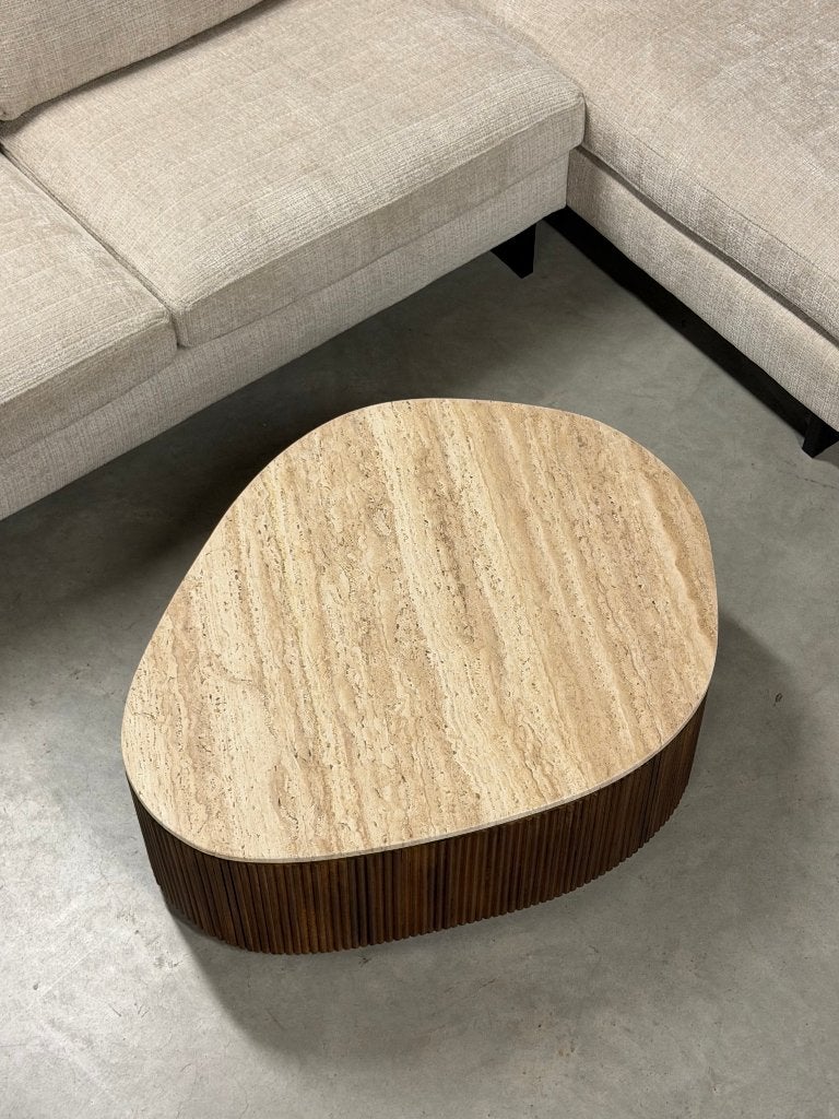 salon tafel travertine bruin organisch japandi Showroom, Ophalen, 100 tot 150 cm, 50 tot 100 cm, Zo goed als nieuw