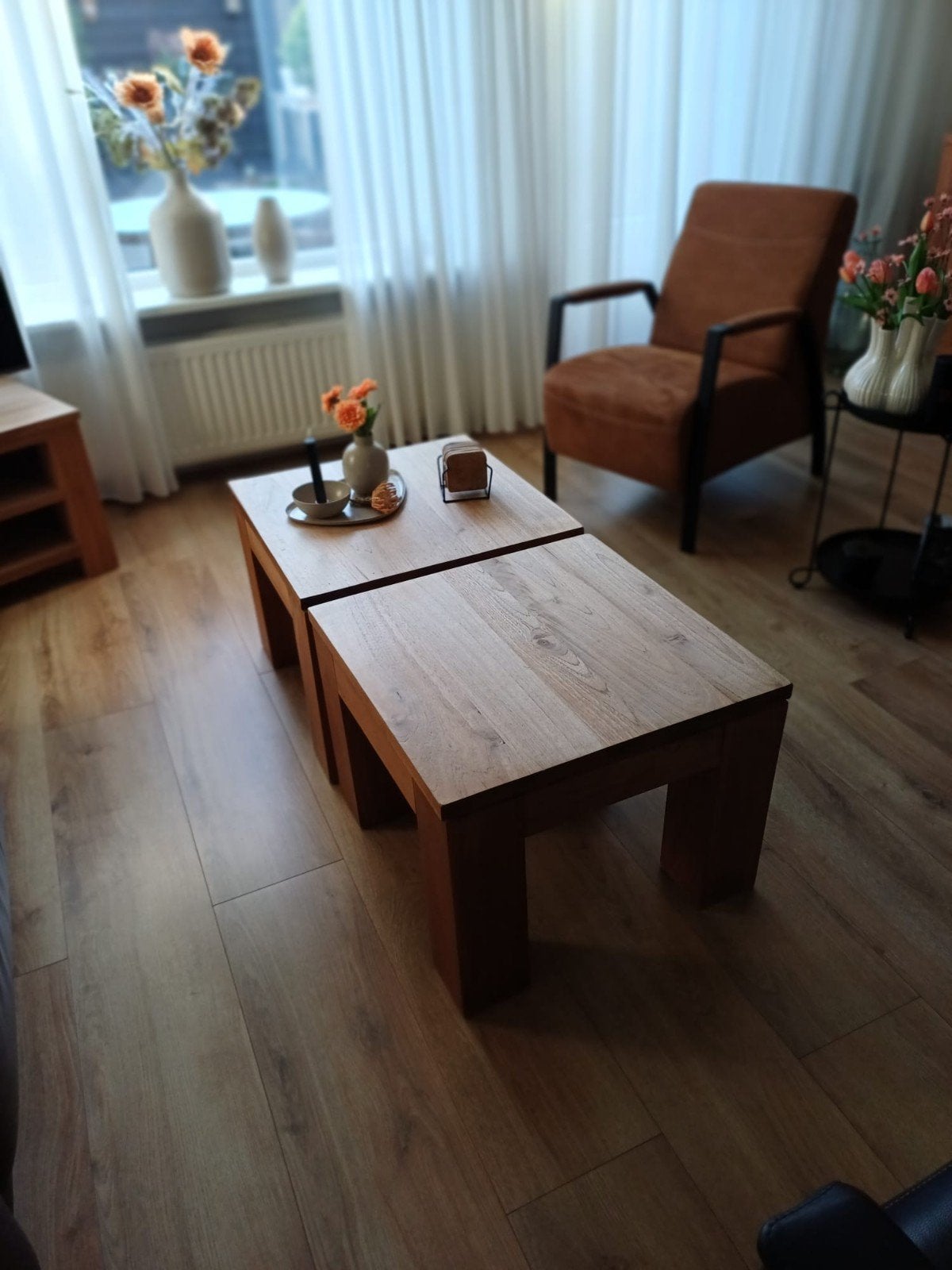 Set van 2 houten salontafels - Gebruikt, Ophalen, Gebruikt, 50 tot 100 cm, 50 tot 100 cm