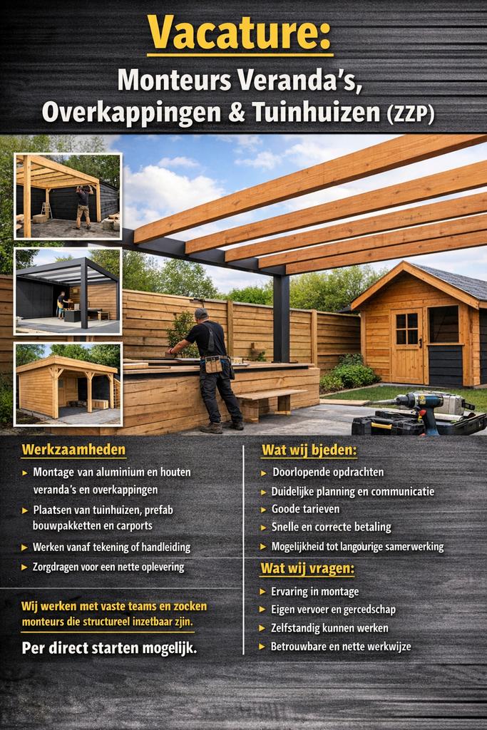 Vacature: Monteurs Veranda’s, Overkappingen & Tuinhuizen, 33 - 40 uur, Overige niveaus, Vanaf 10 jaar, Overige vormen