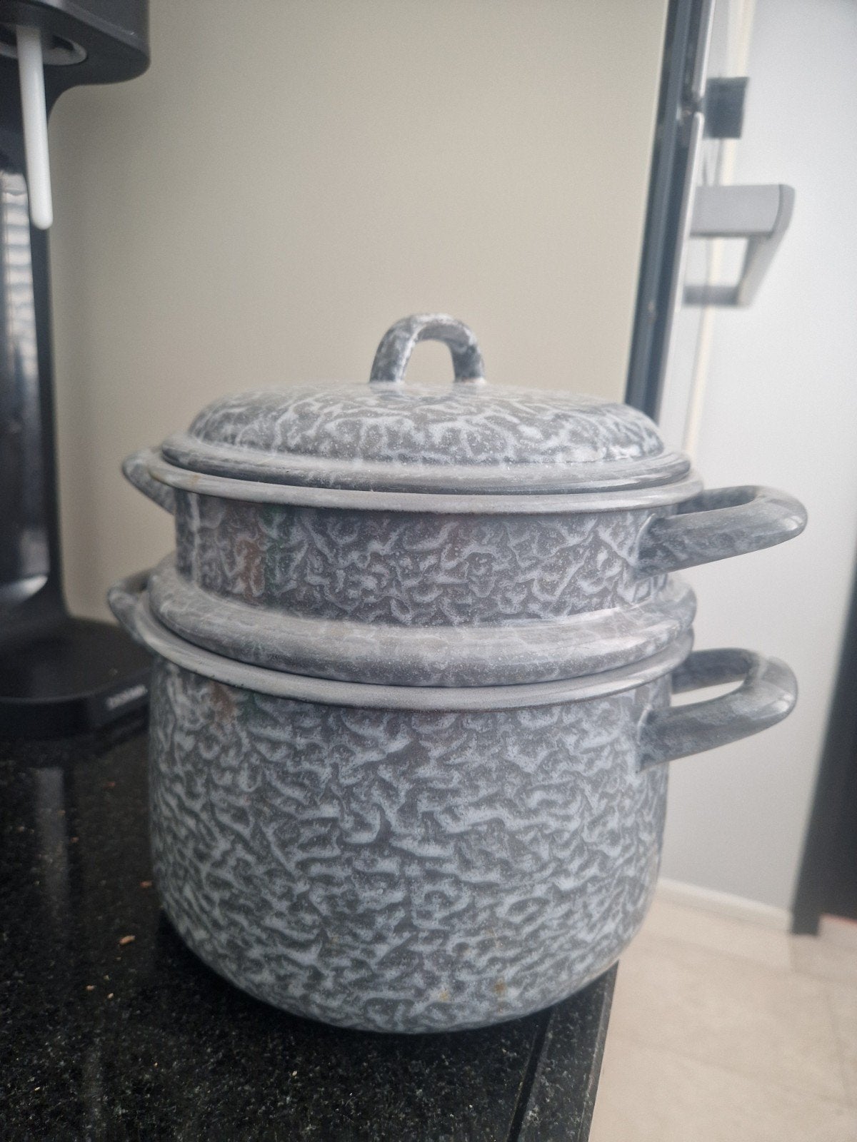 emaille grijze rijststomer, Ophalen of Verzenden, Gebruikt