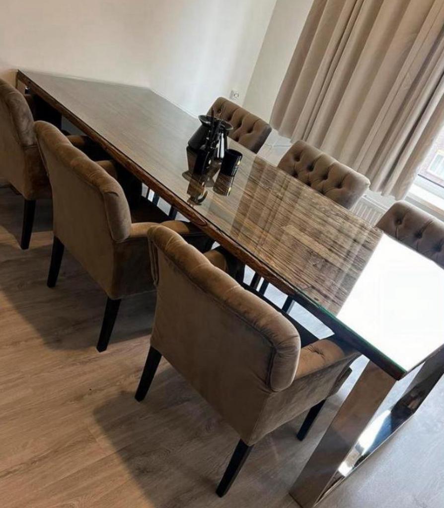 Luxe eettafel glazen blad,6 stoelen, salontafel en dressoir, Ophalen, Zo goed als nieuw