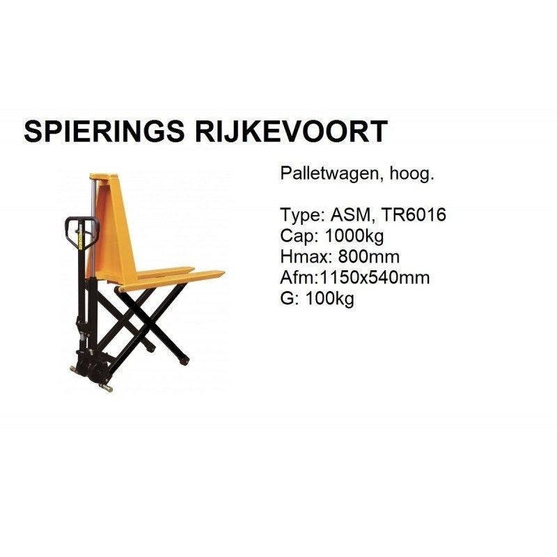 Palletwagen hoog 1000 kg Spierings, Niet ingevuld, Niet ingevuld, Nieuw, Ophalen of Verzenden